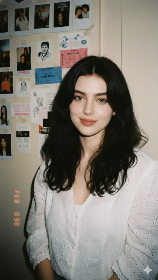 A young woman with the same unchanged face, pale soft complexion, caught in a classic 90s 